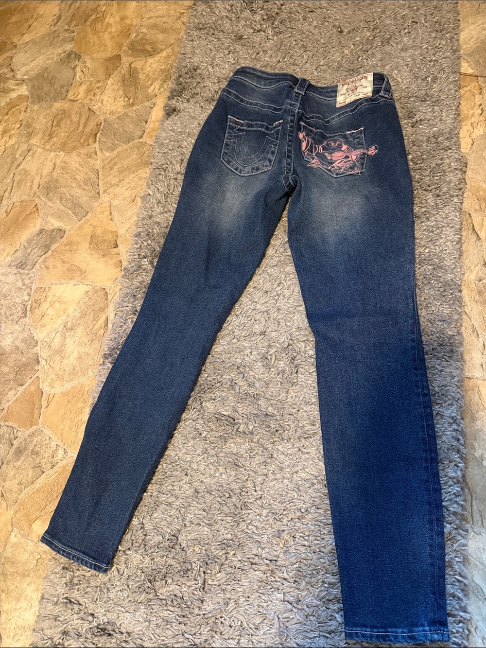True Religion Dark Blue Skinny Jeans with Pink Embroidery